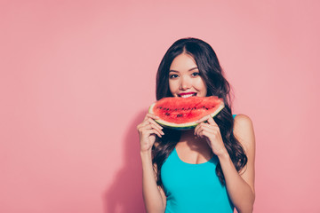 Close-up portrait of cute shine look cheerful girlish attractive