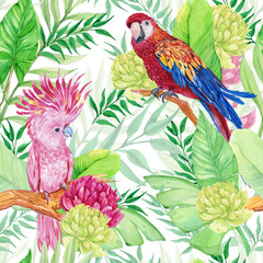 seamless patterns for textile design, tropical flowers and bright bird parrots .watercolor hand painting