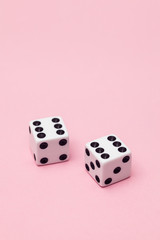 A pair of white dice on a pink background with copy space. Double sixes on colored table. Lucky you