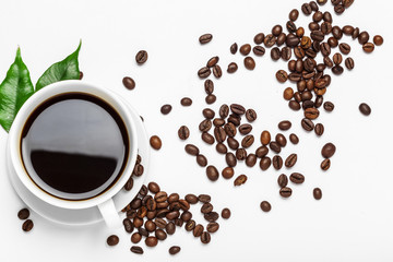 Coffee cup and beans on a white background