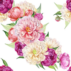 seamless pattern for printing on fabric, beautiful floral ornament, roses, peonies, on white background .Watercolor hand painting