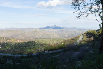 Mountain landscape with a view of the forest, valley