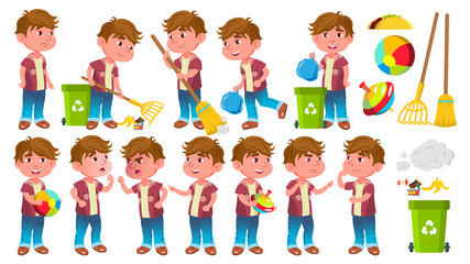 Boy Kindergarten Kid Poses Set Vector. Little Child. Helping On The Garden. Cleaning. Lifestyle. For Advertising, Placard, Print Design. Isolated Cartoon Illustration