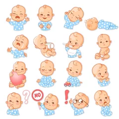 Fototapeten Set with baby stickers. Cute little baby girl as smiley with different emotions. Face expressions. Sad baby, happy baby, scared, sleep,cry.  Template for social media, messenger. Vector illustration. © Natalia Zelenina
