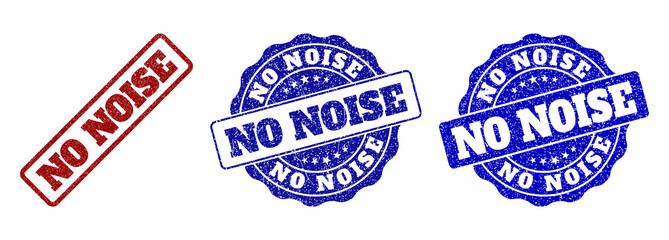 Obraz premium NO NOISE grunge stamp seals in red and blue colors. Vector NO NOISE overlays with grunge surface. Graphic elements are rounded rectangles, rosettes, circles and text labels.