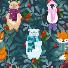 cute children illustration of a winter forest and animal deer, penguin, fox and bear. Christmas card. - 236972981