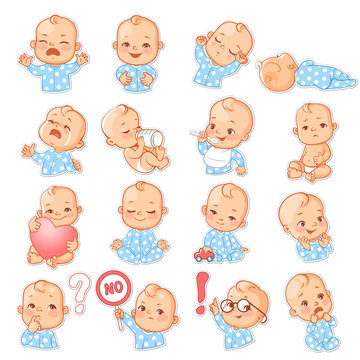Set with baby stickers. Cute little baby girl as smiley with different emotions. Face expressions. Sad baby, happy baby, scared, sleep,cry.  Template for social media, messenger. Vector illustration.