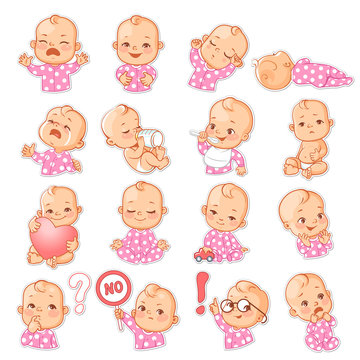 Set with baby stickers. Cute little baby girl as smiley with different emotions. Face expressions. Sad baby, happy baby, scared, sleep,cry.  Template for social media, messenger. Vector illustration.