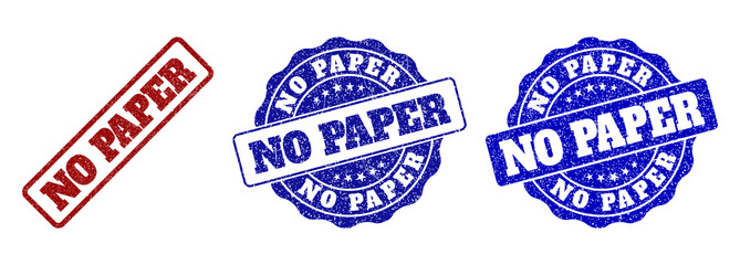 NO PAPER grunge stamp seals in red and blue colors. Vector NO PAPER watermarks with grunge texture. Graphic elements are rounded rectangles, rosettes, circles and text tags.