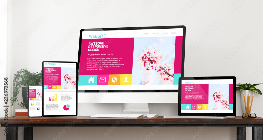 Wall mural front view responsive awesome design website devices mockup