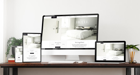 front view responsive hotel website devices mockup