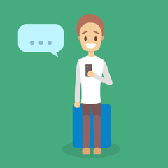 Man using mobile phone. Teen communicate with friends