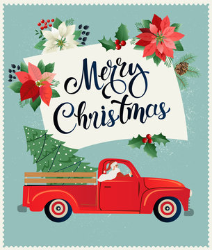 Merry Christmas And Happy New Year Postcard Or Poster Or Flyer Template With Retro Pickup Truck With Christmas Tree. Vintage Styled Vector Illustration.