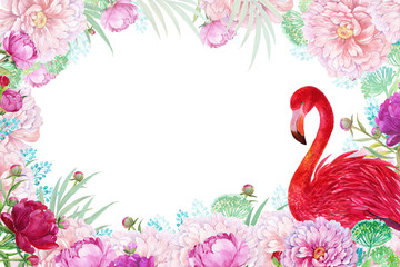 Flamingo bird and flowers .Watercolor illustration for postcard design, watercolor hand painting .Isolated white background