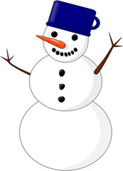  Snowman with a blue pot. Winter symbol.