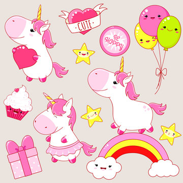 Fototapeta Set of cute unicorns stickers in kawaii style