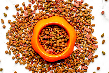 dry dog food in bowl on white background top view