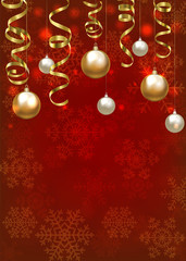 Fototapeta na wymiar Christmas baubles and golden serpentine streamers on red background. Christmas card