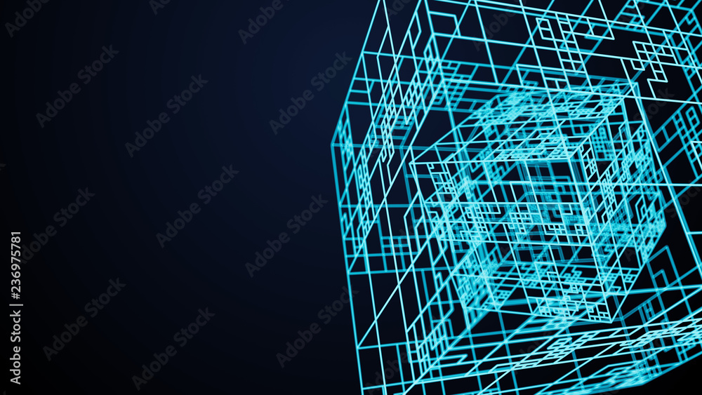 Poster 3d render abstract technology simple background with element. atom array complex structure with dept