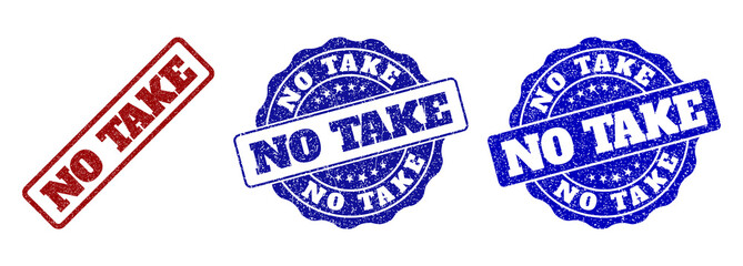 NO TAKE grunge stamp seals in red and blue colors. Vector NO TAKE imprints with grunge style. Graphic elements are rounded rectangles, rosettes, circles and text tags.