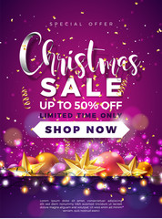 Christmas Sale Design with Ornamental Ball and Lights Garland on Violet Background. Holiday Vector Illustration with Special Offer Typography Elements for Coupon, Voucher, Banner, Flyer, Promotional