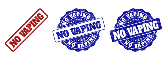 NO VAPING grunge stamp seals in red and blue colors. Vector NO VAPING marks with scratced effect. Graphic elements are rounded rectangles, rosettes, circles and text tags.