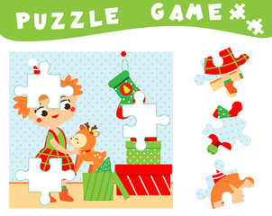 Children educational game. Christmas and new year puzzle for toddlers, babies and kids. Place missing parts of picture