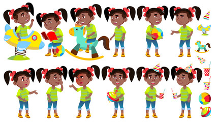Fototapeta premium Girl Kindergarten Kid Poses Set Vector. Black. Afro American. Emotional Character Playing. Having Fun On Playground. For Presentation, Invitation, Card Design. Isolated Cartoon Illustration