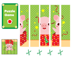 Puzzle for toddlers. Children Educational game. Complete the picture with cartoon pig in gift box. Christmas and New Year holidays theme