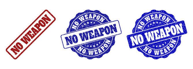 NO WEAPON grunge stamp seals in red and blue colors. Vector NO WEAPON watermarks with grunge surface. Graphic elements are rounded rectangles, rosettes, circles and text labels.