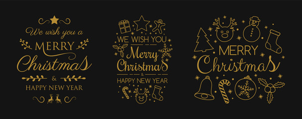 Christmas greeting cards with decorations and wishes - collection. Vector.