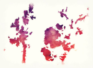 Northern Isles region watercolor map of Scotland in front of a white background