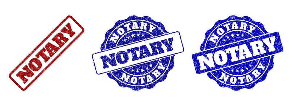 NOTARY scratched stamp seals in red and blue colors. Vector NOTARY labels with scratced style. Graphic elements are rounded rectangles, rosettes, circles and text labels.