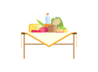 Fototapeta premium Tasty Food and Bottle of Drink on Table Isolated