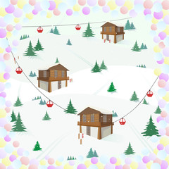 Winter landscape in a frame of confetti. Ski holiday in the mountains. Color vector illustration in the form of a postcard.