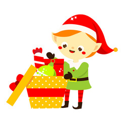 Christmas elf. Cute Santa's helper pack gifts. Cartoon character for new Year greeting design