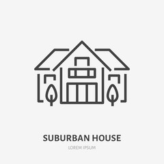 Country house flat line icon. Vector thin sign of summer cottage with trees, suburban property logo. Real estate rent illustration
