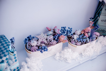 New year decoration, Christmas, holidays concept.  Fur tree and christmass decorations, christmas balls.