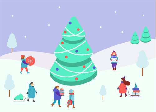 Winter People Small Figures Around Big Spruce Tree. Men And Women Carry Christmas And New Year Gifts. Lifestyle Winter Scene