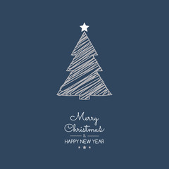 Christmas card in retro style with hand drawn tree. Vector.