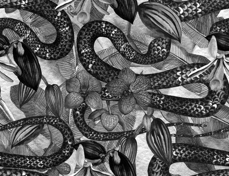 Tropical seamless pattern with tropical flowers, banana leaves and a snake