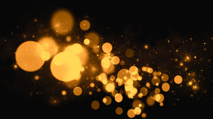 Gold abstract bokeh background. real dust particles with real lens flare stars. glitter lights . Abstract lights defocused. Merry Christmas and New Year feast.