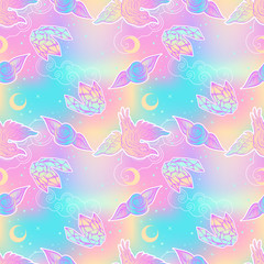 Cute kawaii seamless pattern with crow, rose, crystal. Childish print at 90s style.
