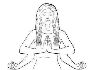 Lakshmi a woman with four hands in Hinduism. Pose in yoga. children coloring, black lines. Vector illustration