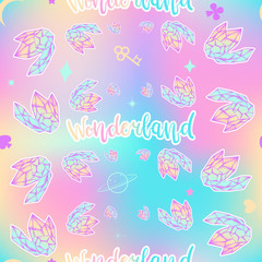 Psychedelic seamless pattern with crystal gems in 90s style. trendy petrol background.