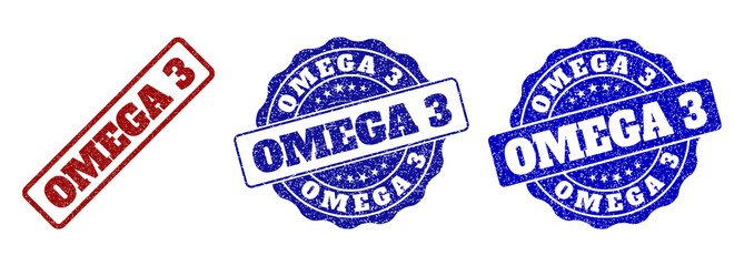 OMEGA 3 scratched stamp seals in red and blue colors. Vector OMEGA 3 labels with draft surface. Graphic elements are rounded rectangles, rosettes, circles and text labels.