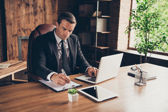 Portrait of elegant chic imposing classy attractive handsome foc