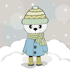 Cute winter bear in a coat with hat and scarf.