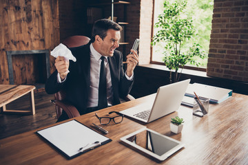 Profile side view portrait of crazy classy elegant raging handso