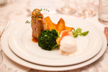 Close up with plate with delicious food